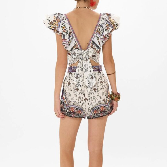 Deep V Frill Short Sleeve Top Cropped Shirt in "My Folk Art Heart" print - Picture 7 of 16